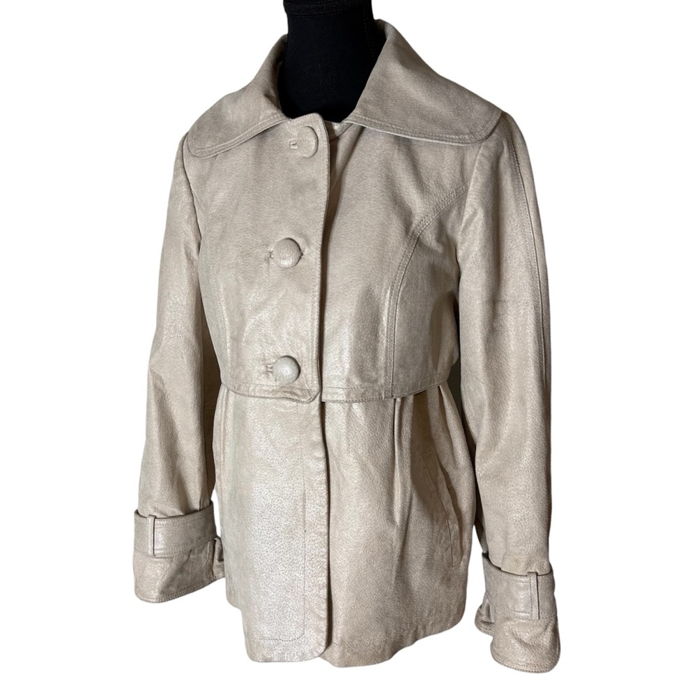 BERNARDO Cream Metallic Leather Swing Jacket Button Closure Pockets Size Medium - Picture 4 of 16